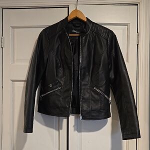 Black Faux Leather Zip-Front Moto Jacket - Unknown Brand